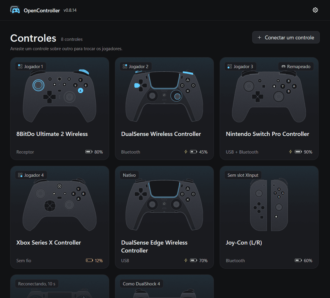 O app OpenController com seis controles conectados, cada um desenhado no seu formato.
